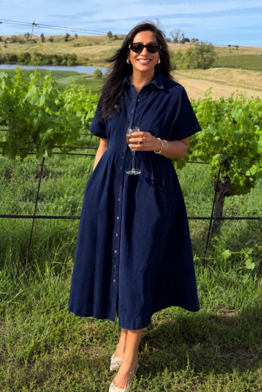 EXQUISE The Tobie Corduroy Midi Shirtdress in Blue Size Large